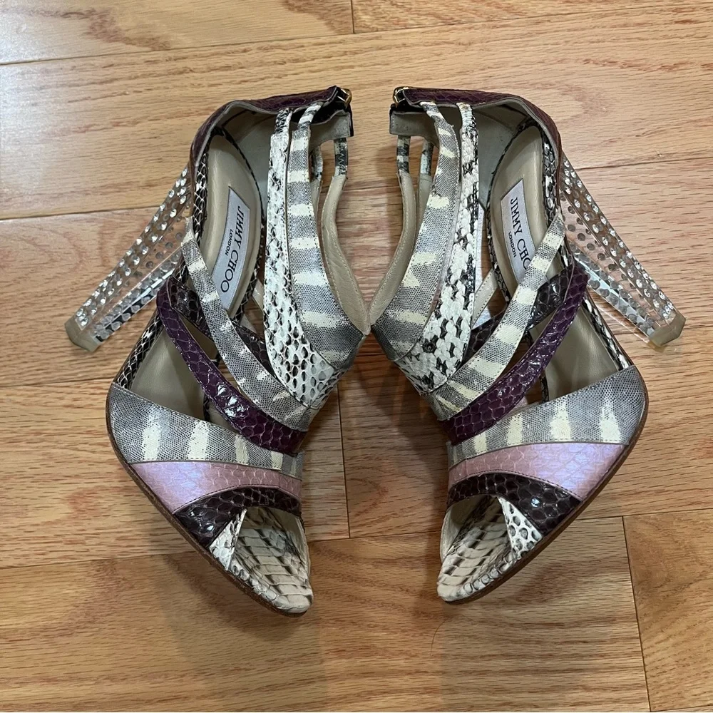 Jimmy Choo Multi Color Python and Lizard Cyndi Lucite Rhinestone Heels - Picture 7 of 15
